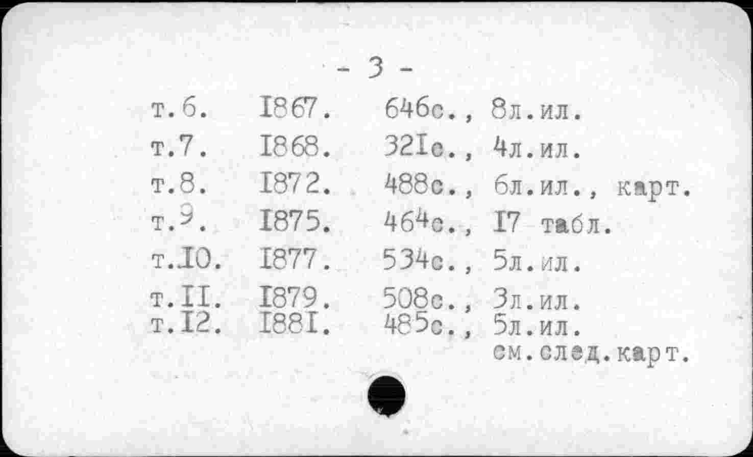 ﻿т. б.	1867.	646c.,	8л.ил.
т.7.	1868.	321c.,	4л.ил.
т.8.	1872.	488c.,	6л.ил., карт
т.9.	1875.	464e.,	17 табл.
т.10.	1877.	534c.,	5л.ил.
T.II.	1879.	508c.,	Зл.ил.
T.12.	1881.	485c.,	5л.ил.
см. след. карт.